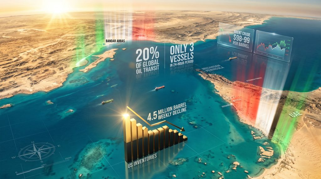 Strait of Hormuz oil transit infographic.