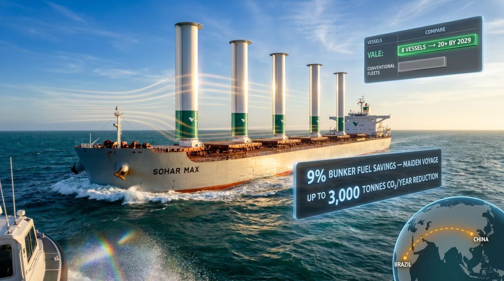 Vale sail-equipped iron ore carriers at sea