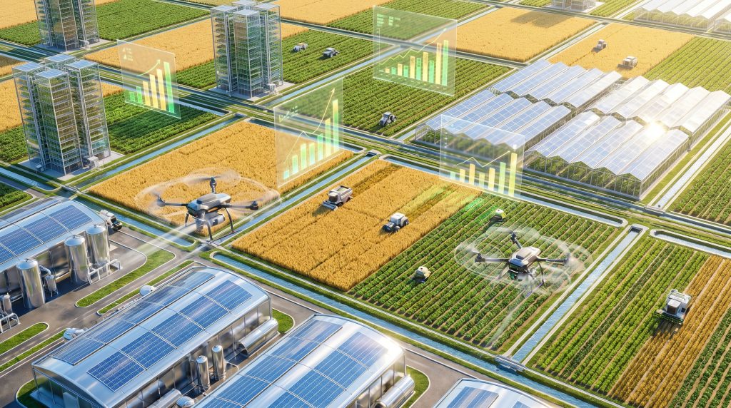 Futuristic landscape showcasing sustainable agriculture investments.