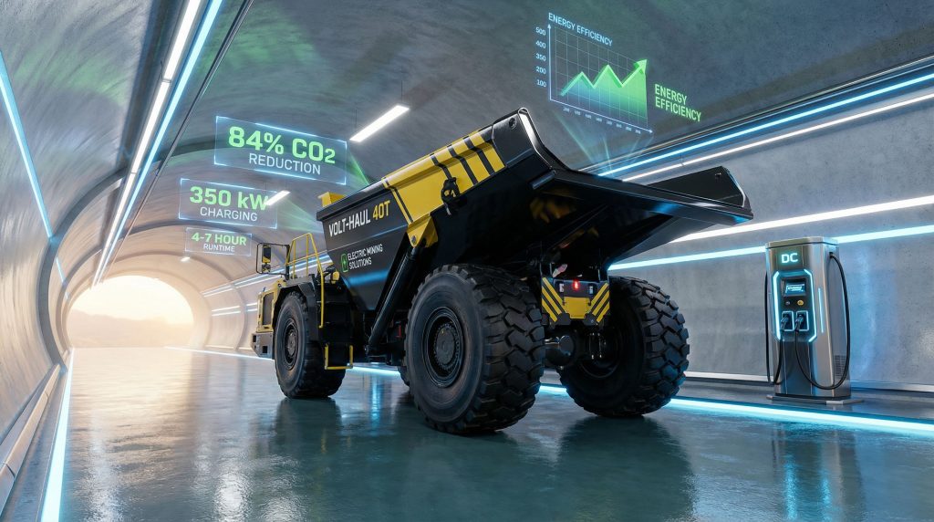 Volvo electric articulated haulers in futuristic tunnel.