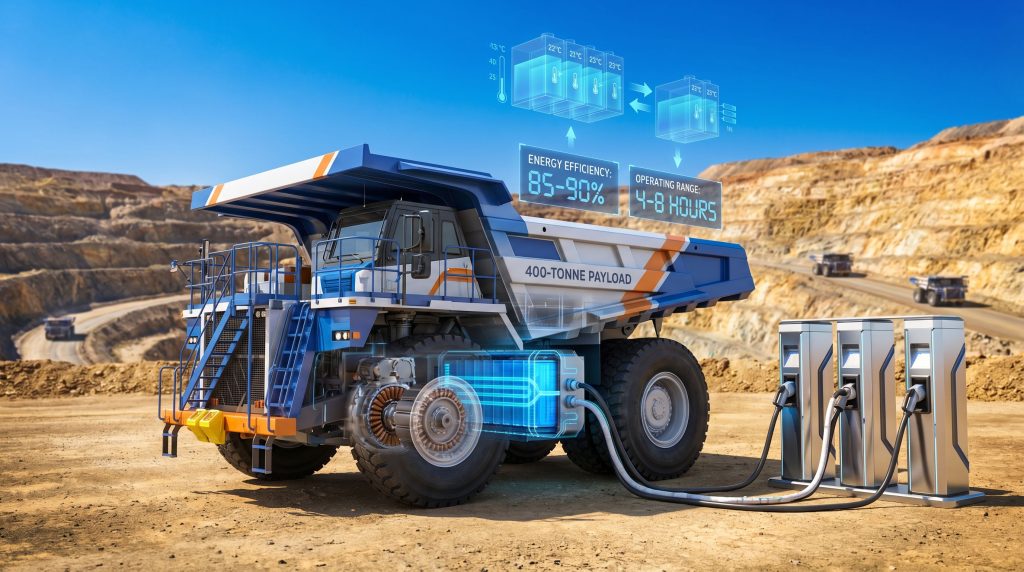 Battery-powered mining trucks charging at station.