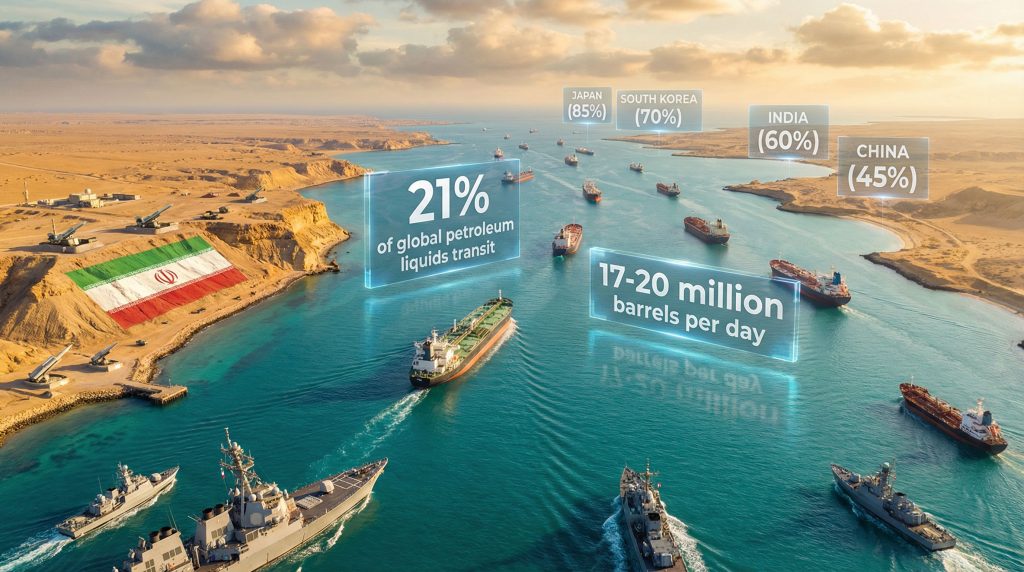 Strait of Hormuz with military presence.