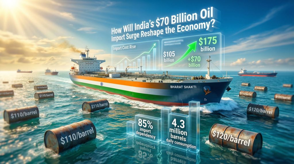 India oil import bill surge graphic illustration.