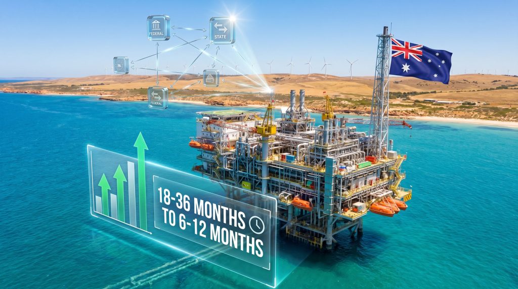 Australian offshore platform highlighting faster oil and gas approvals.