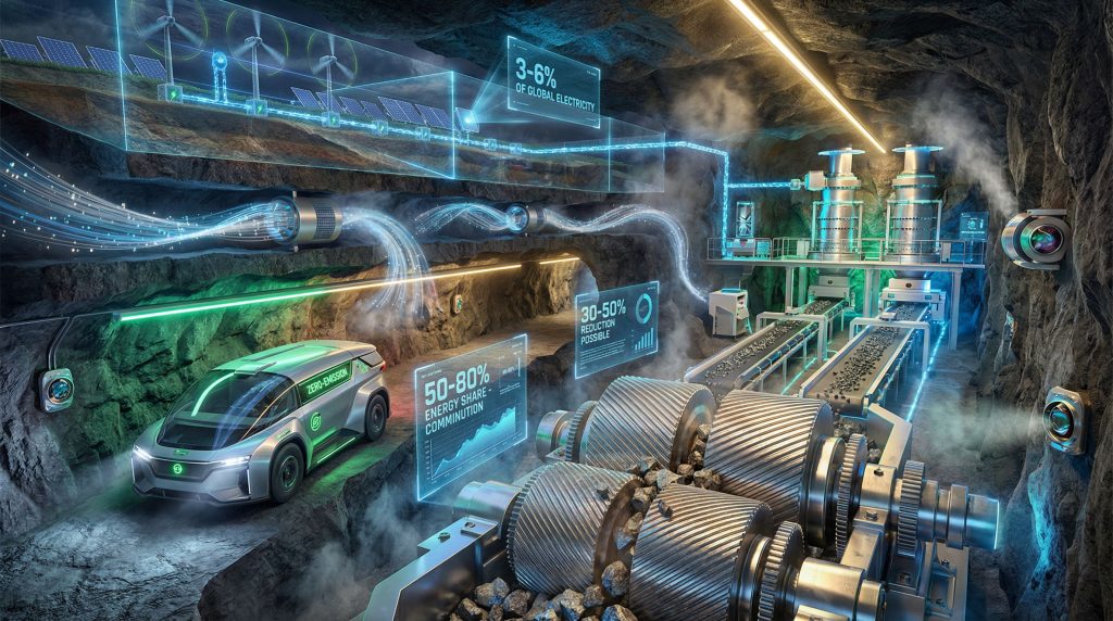 Futuristic energy-efficient mining technology visualization.