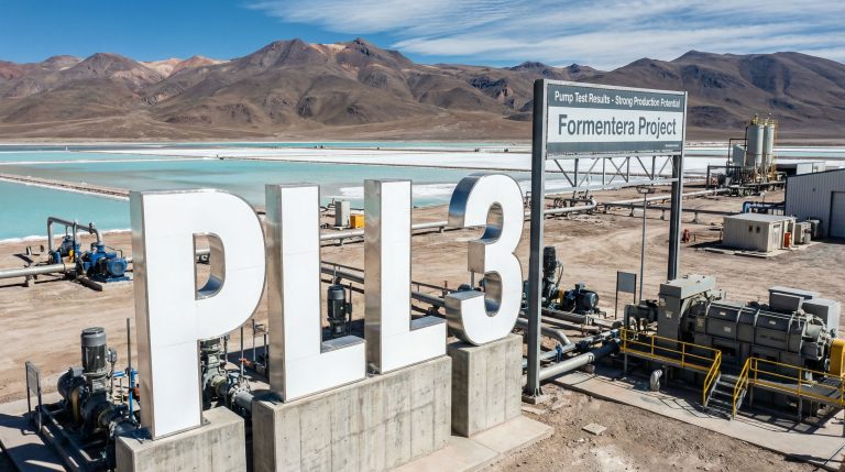 Patagonia Lithium Ltd-PL3-Formentera Project facility with mountains backdrop.