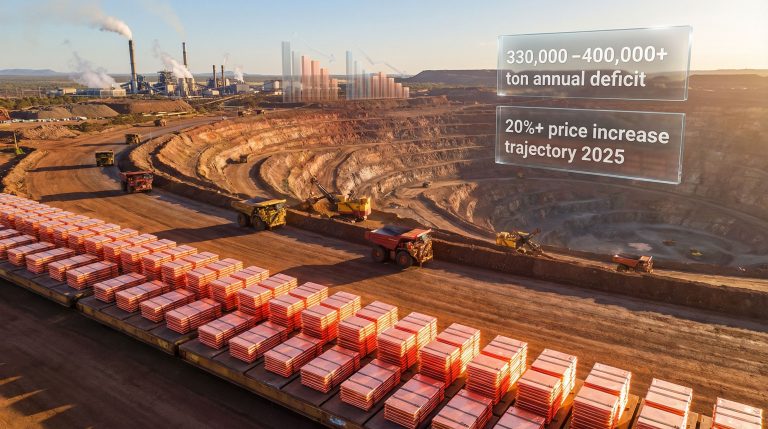 Copper output decline; mining site with trucks.