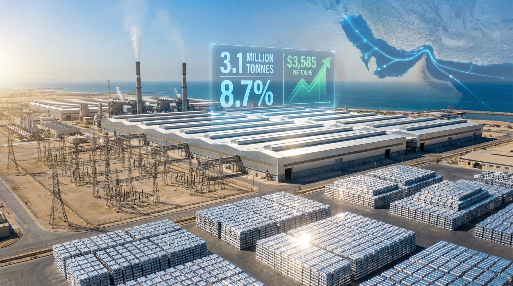 Sprawling aluminium smelter complex by the sea.
