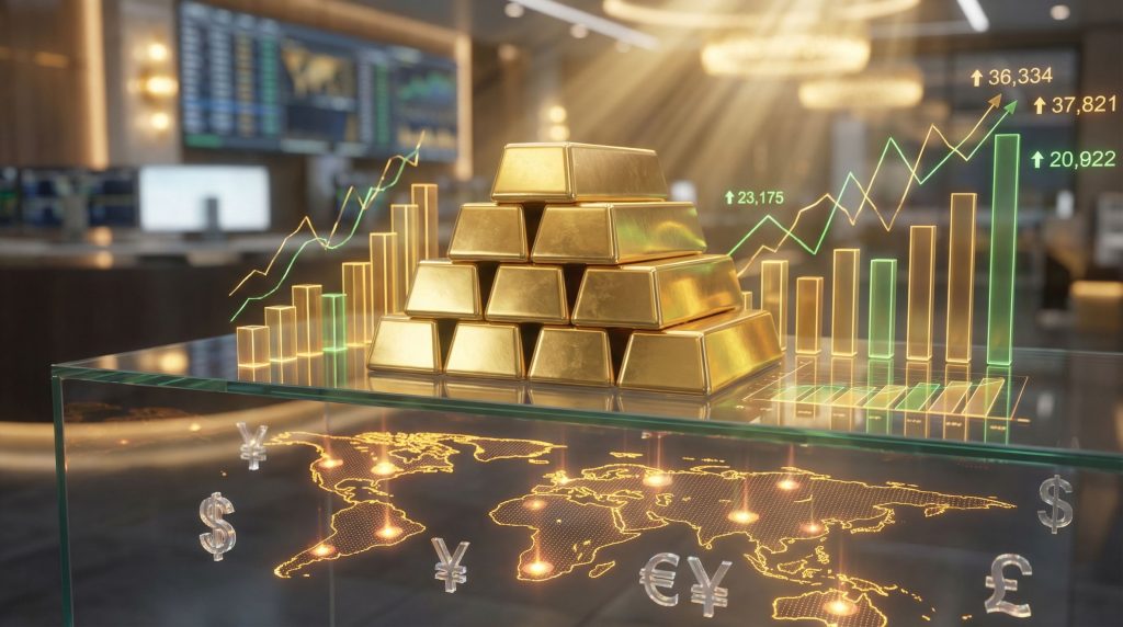 Gold bars with rising market graphs.