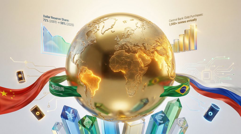 Gold globe with decreasing dollar reserve status.