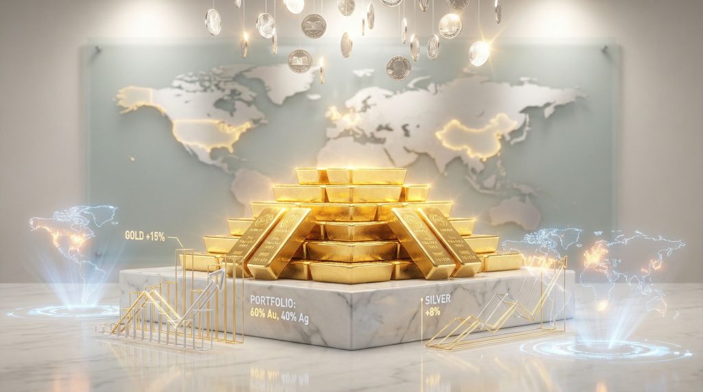 Gold bars with rising price charts.