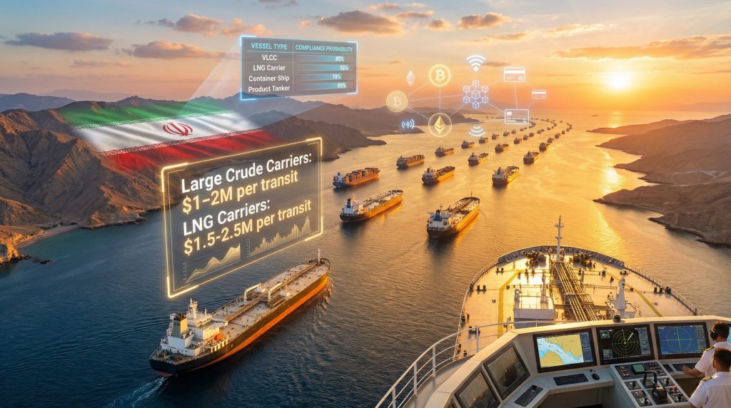 Ships paying toll on Strait of Hormuz.