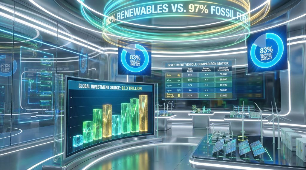 Futuristic data visualization of renewable energy investment opportunities.