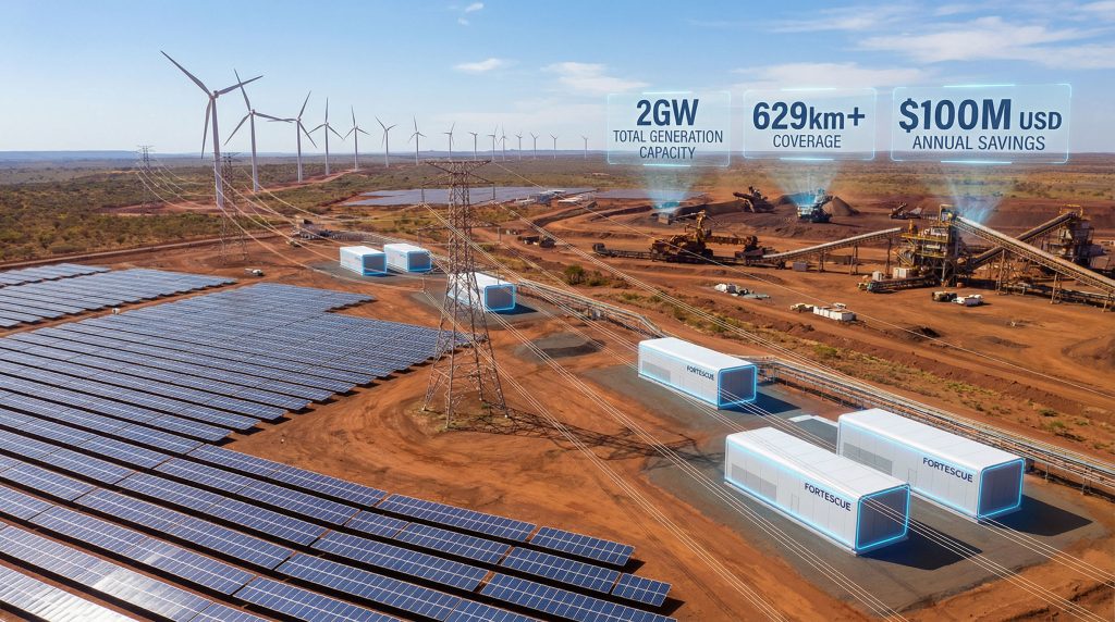 Renewable energy grid with solar panels.