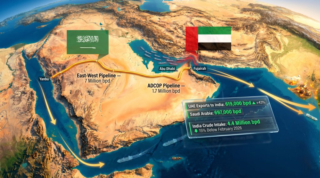 UAE and Saudi bypass Hormuz to boost crude supplies to India map