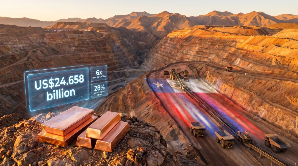 Codelco debt, copper mine, Chilean flag.