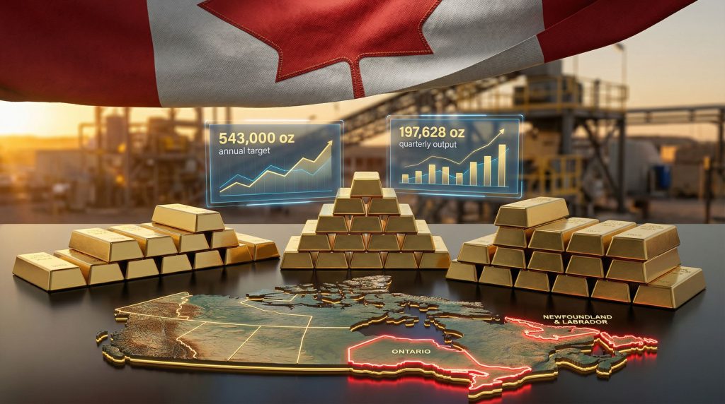 Canadian gold production targets with map.