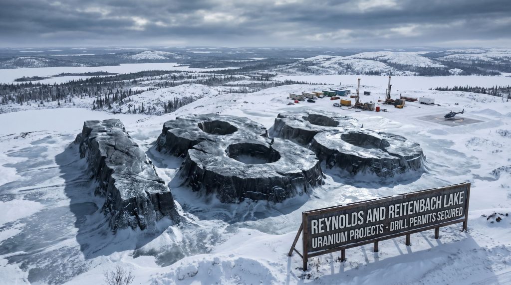 Infini Resources Ltd-I88-Uranium projects sign beside icy landscape.