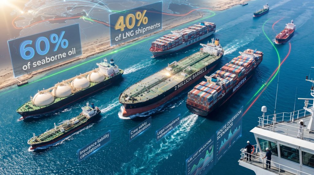 Ships abort Hormuz transit attempts, statistics overlaid.