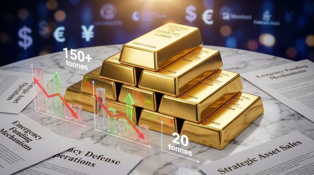 Stacked gold bars signify central bank gold selling.