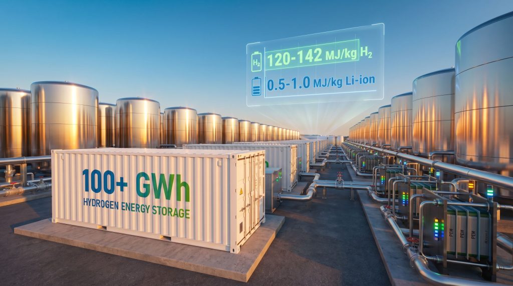 Hydrogen facilitates large-scale energy storage.