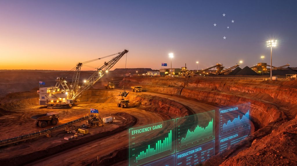 Coal mine at sunset with data overlays.