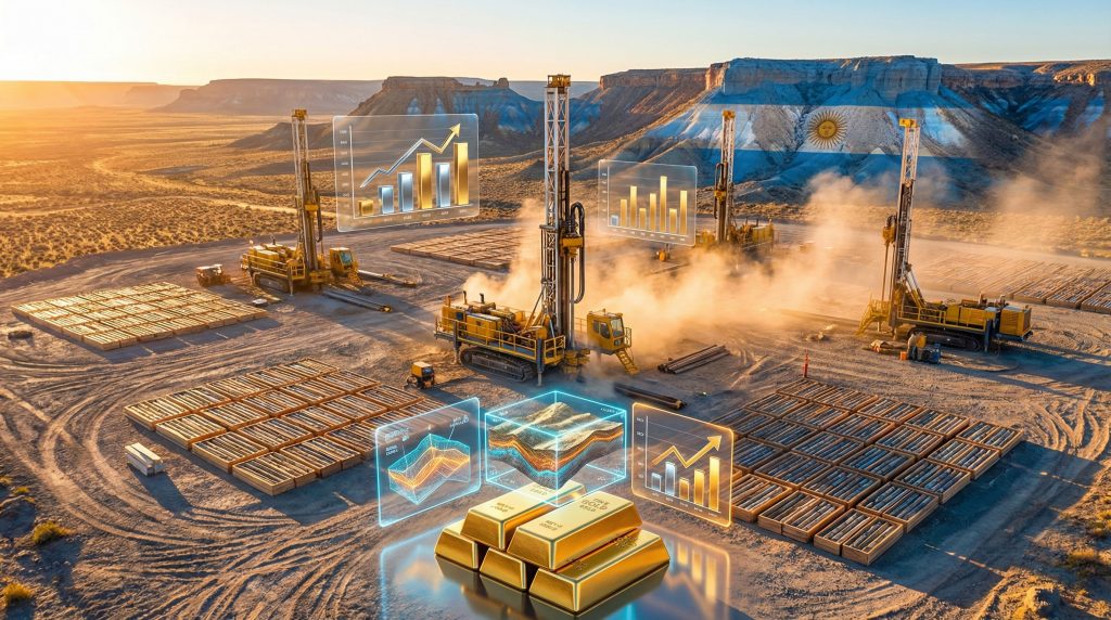 Drilling rigs amongst Argentinian desert landscape.