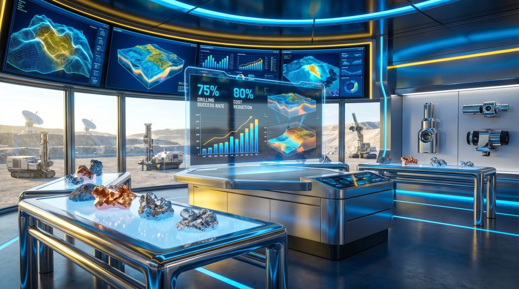 Futuristic lab showcasing AI in mineral exploration.