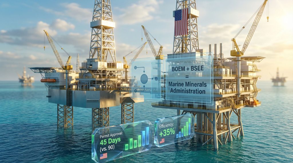 Offshore drilling platforms, agency merger visualized.