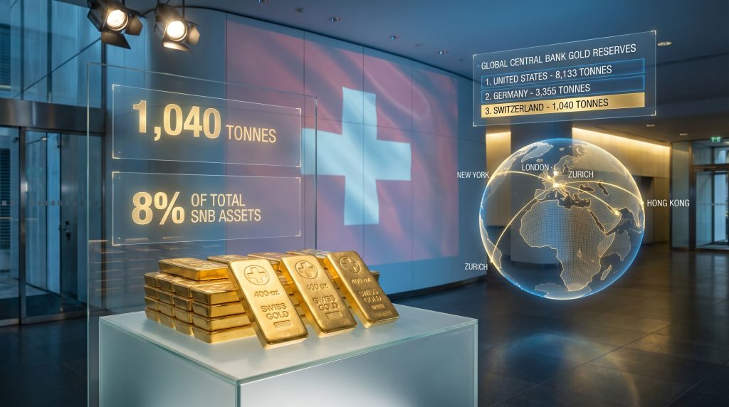 Swiss central bank gold reserves displayed prominently.