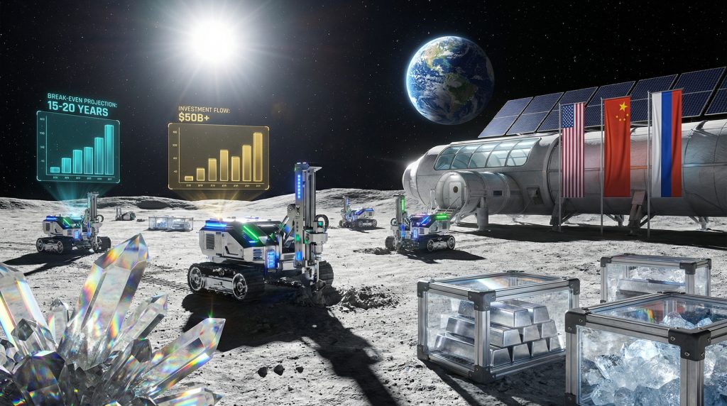 Futuristic lunar base for mining operations.
