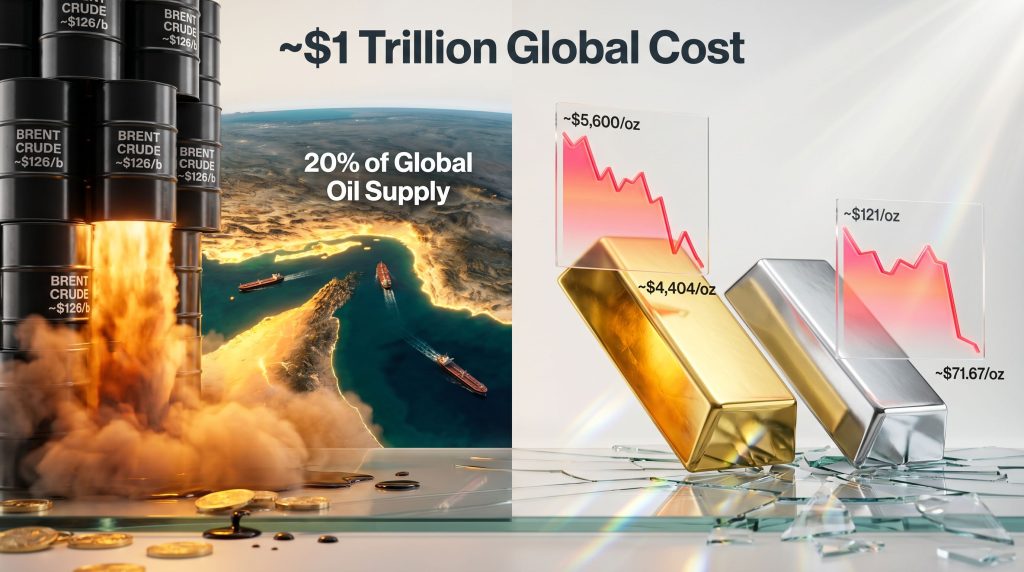 Strait of Hormuz oil spike and gold silver plunge infographic
