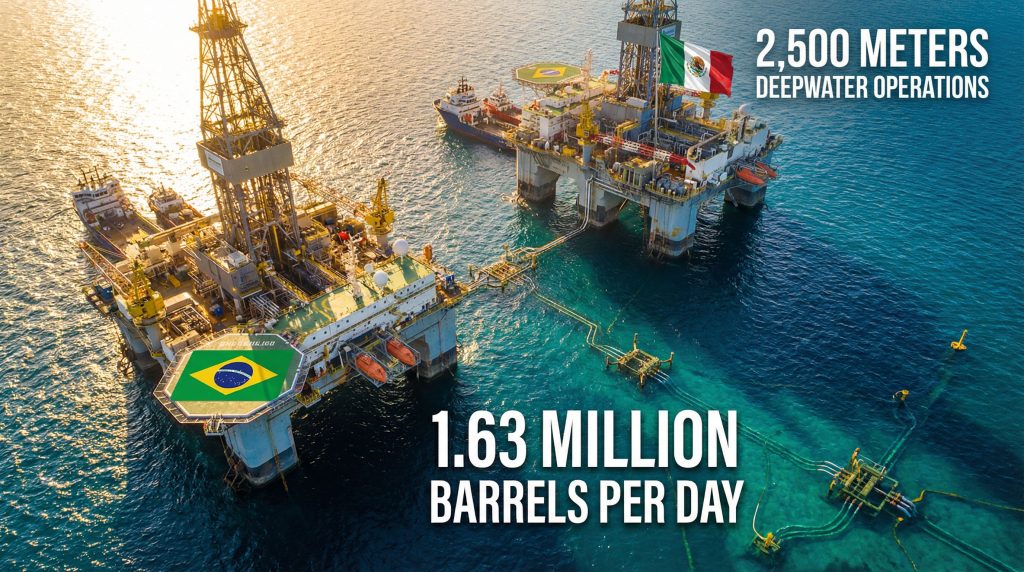 Offshore oil rigs symbolize Petrobras-Pemex Gulf alliance.