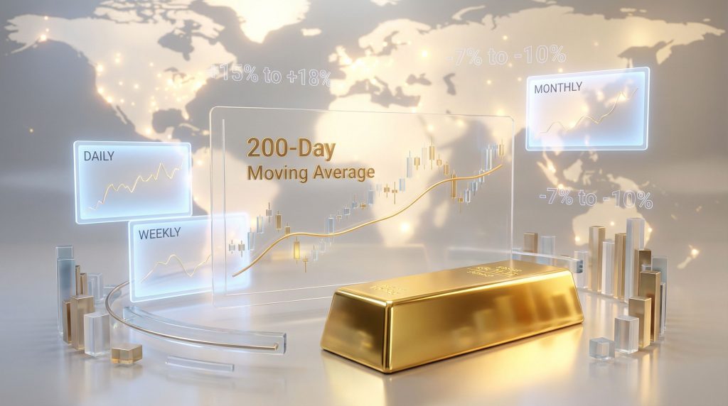 Gold bar with 200-day moving average charts.