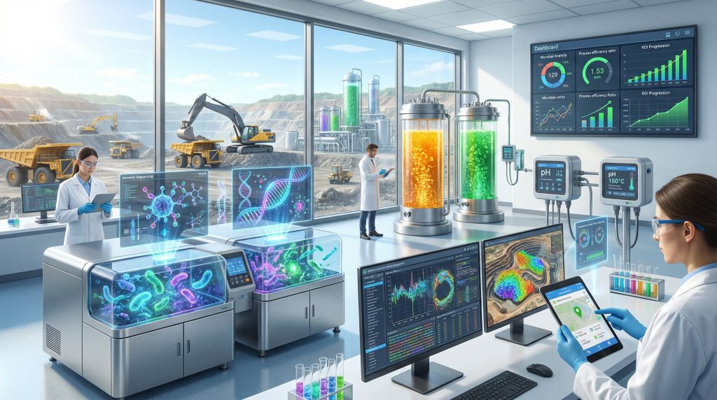 Scientists in lab using Mining Microbiome Analytics Platform.
