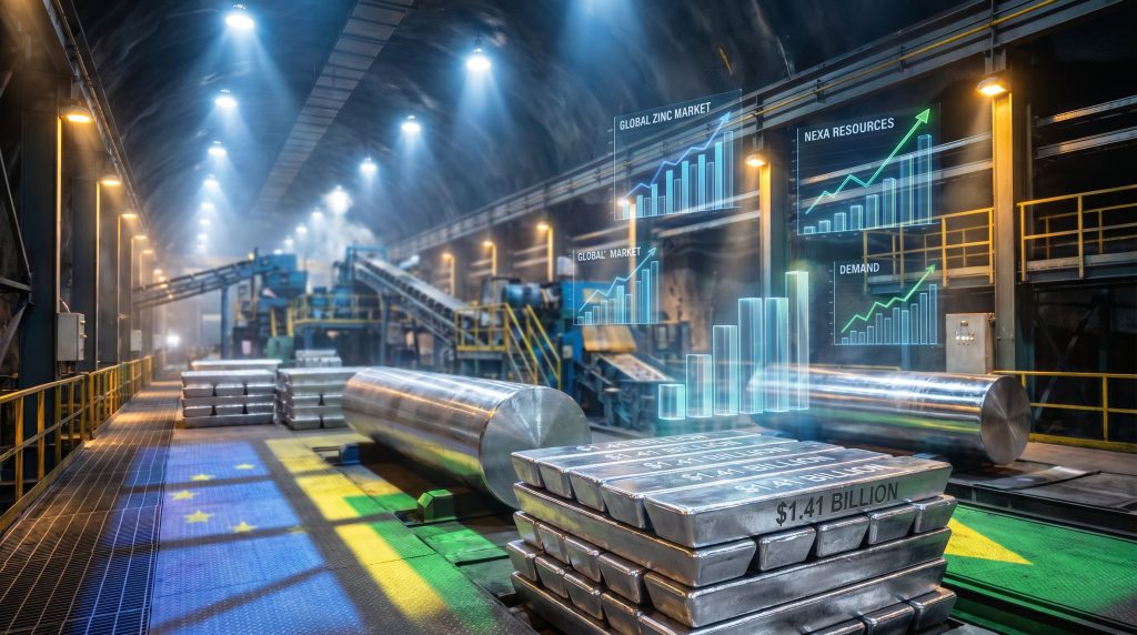 Industrial scene with rising market graphs.