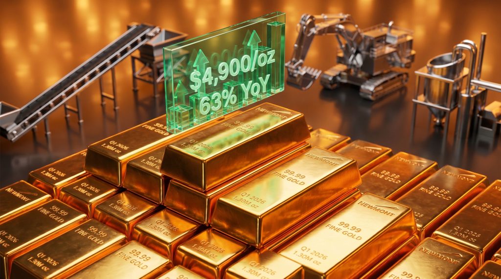 Newmont Q1 profit rise with gold bars.