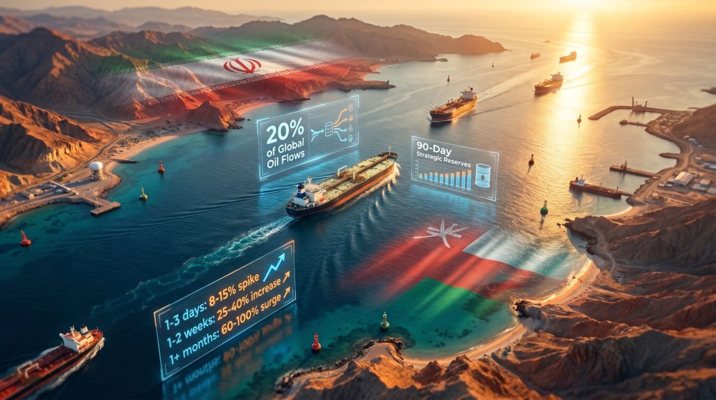 Strait of Hormuz blockade affecting oil flow.