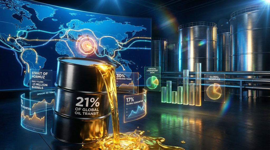 Oil barrels and global trade data visualization.