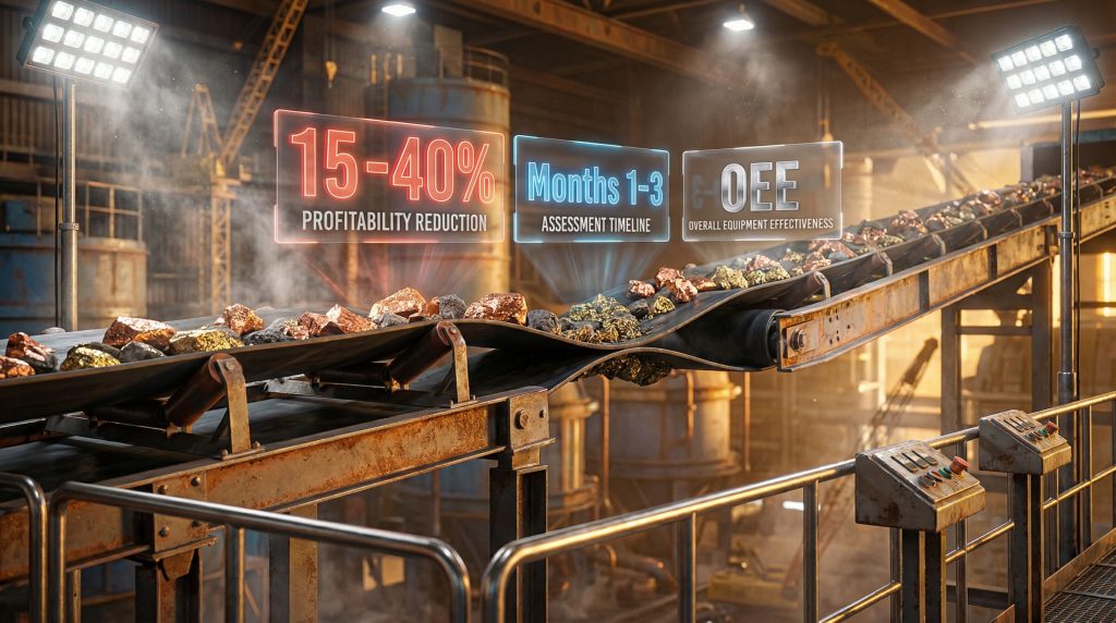 Conveyor belt illustrating mining efficiency metrics.