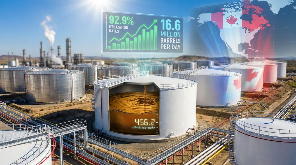 Crude oil tanks with capacity graphics.
