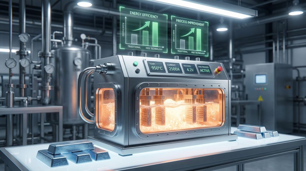 Industrial electrolysis setup for niobium production.