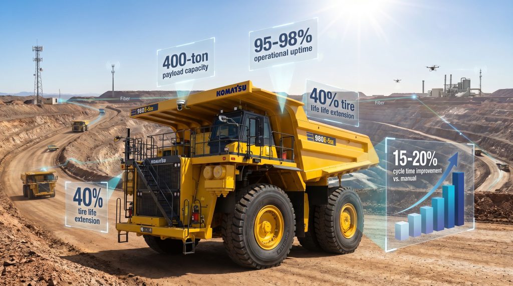 Komatsu ultra-class autonomous haul trucks in mine.