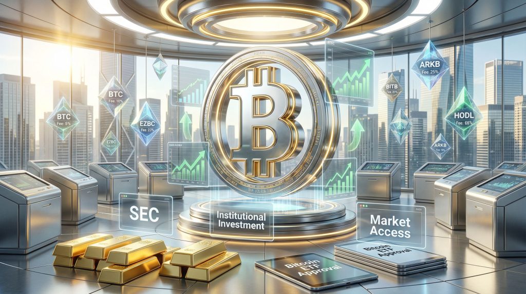 Futuristic room depicting bitcoin ETF approval.
