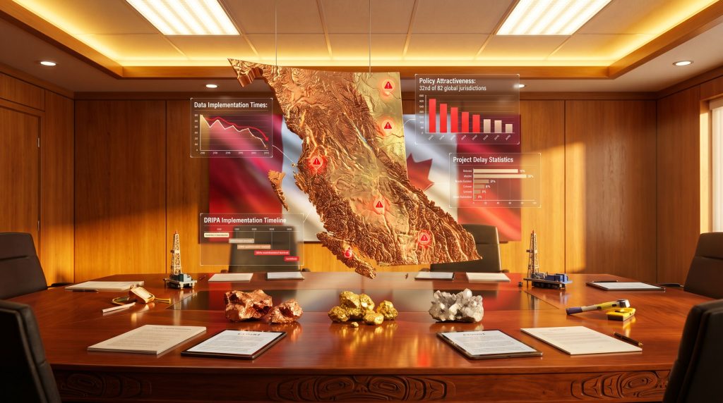 Conference room with mining statistics displayed.