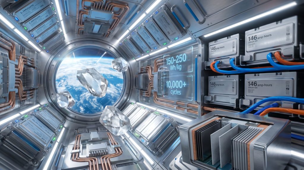 Spacecraft interior showcasing lithium power systems.