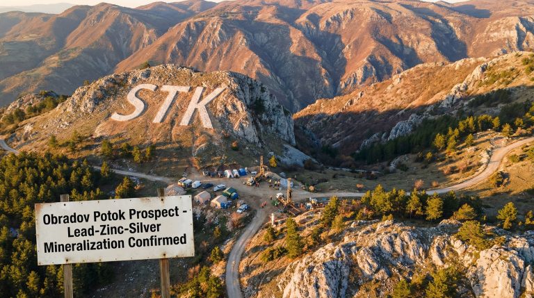 Strickland Metals Ltd-STK-Obradov Potok Prospect camp in mountains.