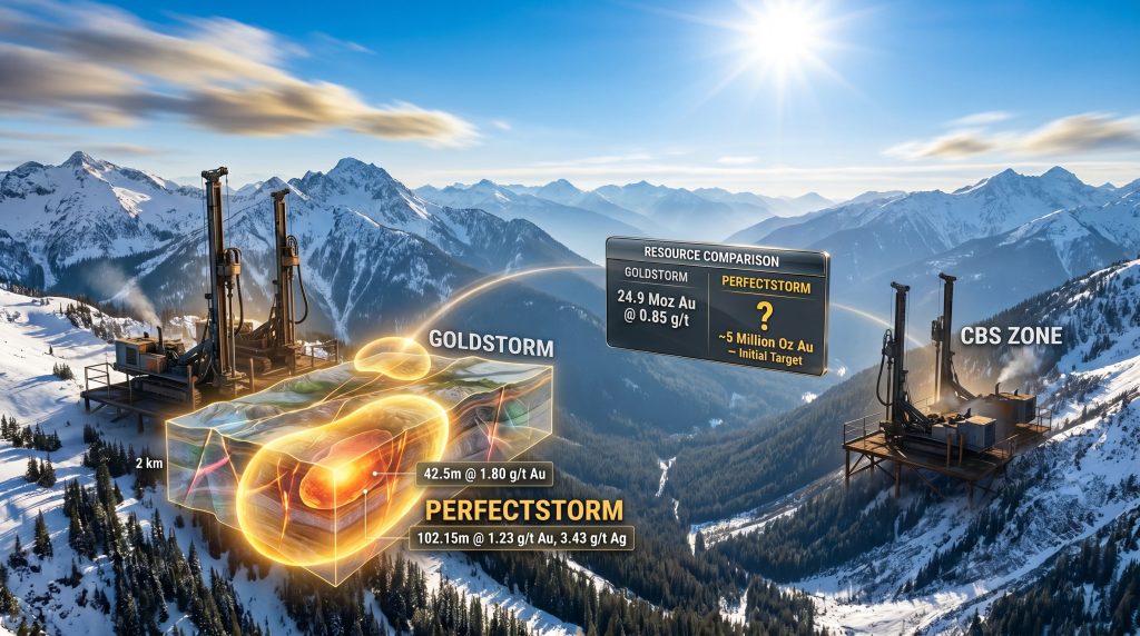 Tudor Gold Perfectstorm Zone drilling at Treaty Creek infographic
