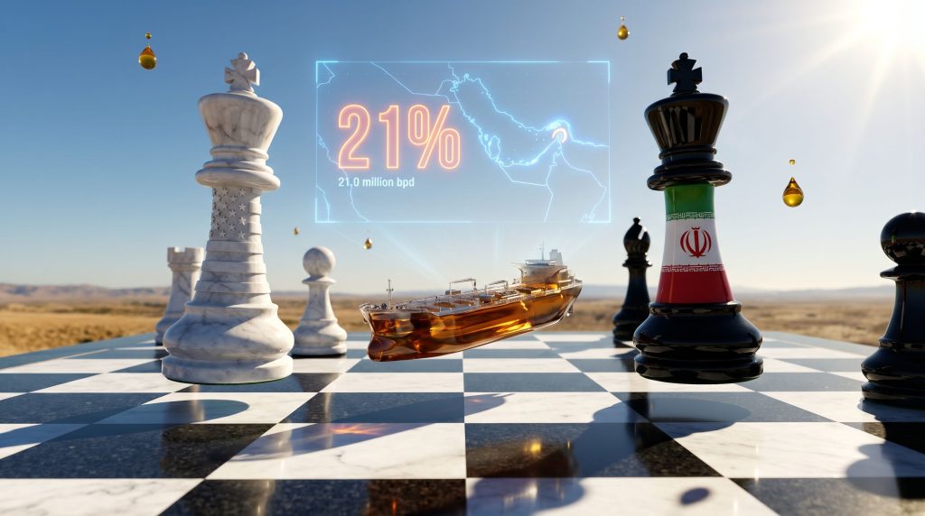 Chess pieces symbolizing U.S.-Iran oil conflict.