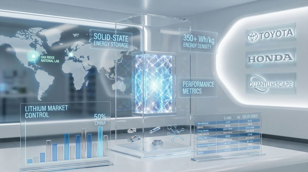 Solid-state batteries innovation and comparison display.